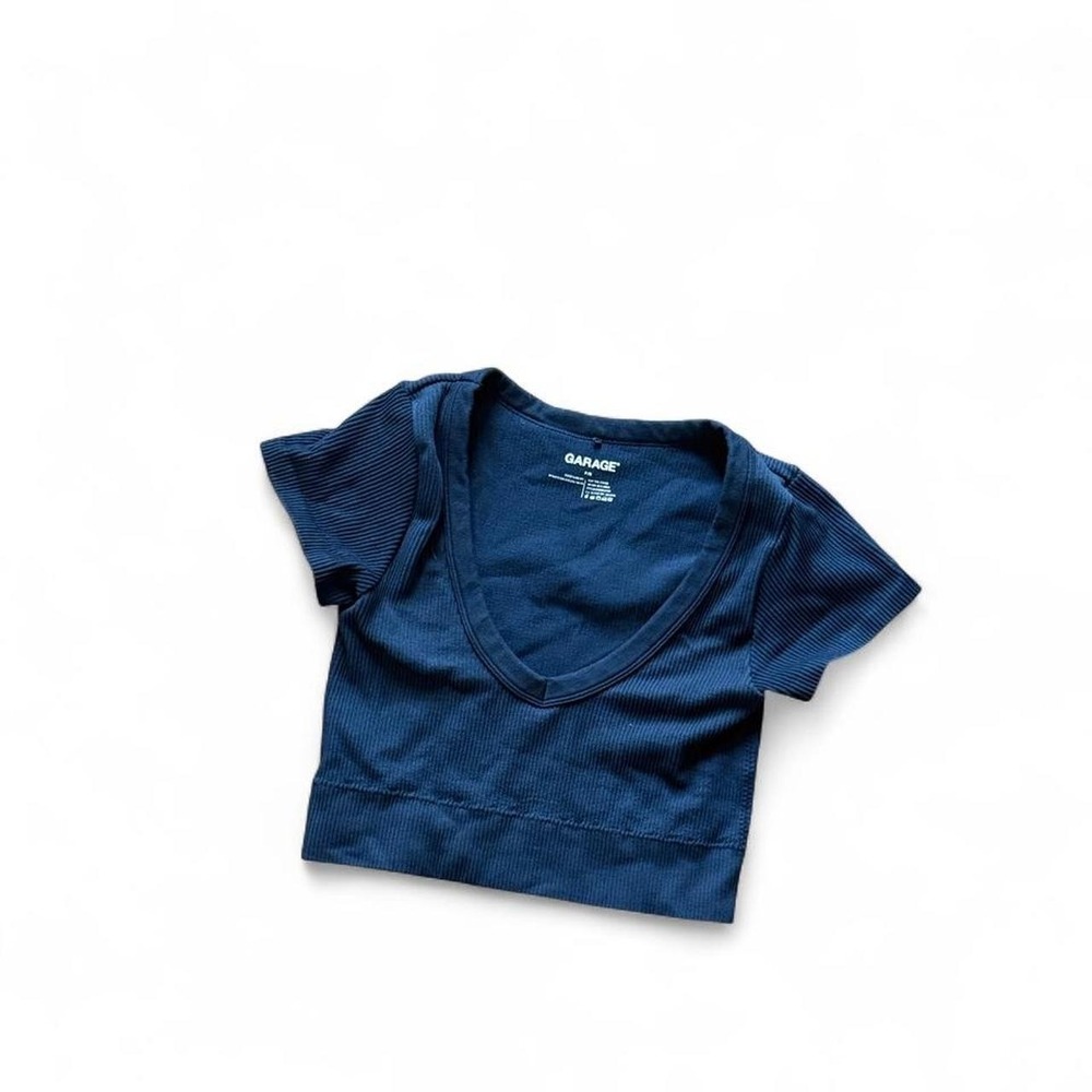 Garage XS Navy Ribbed Fitted Baby Tee Crop Top Y2K Short Sleeve
